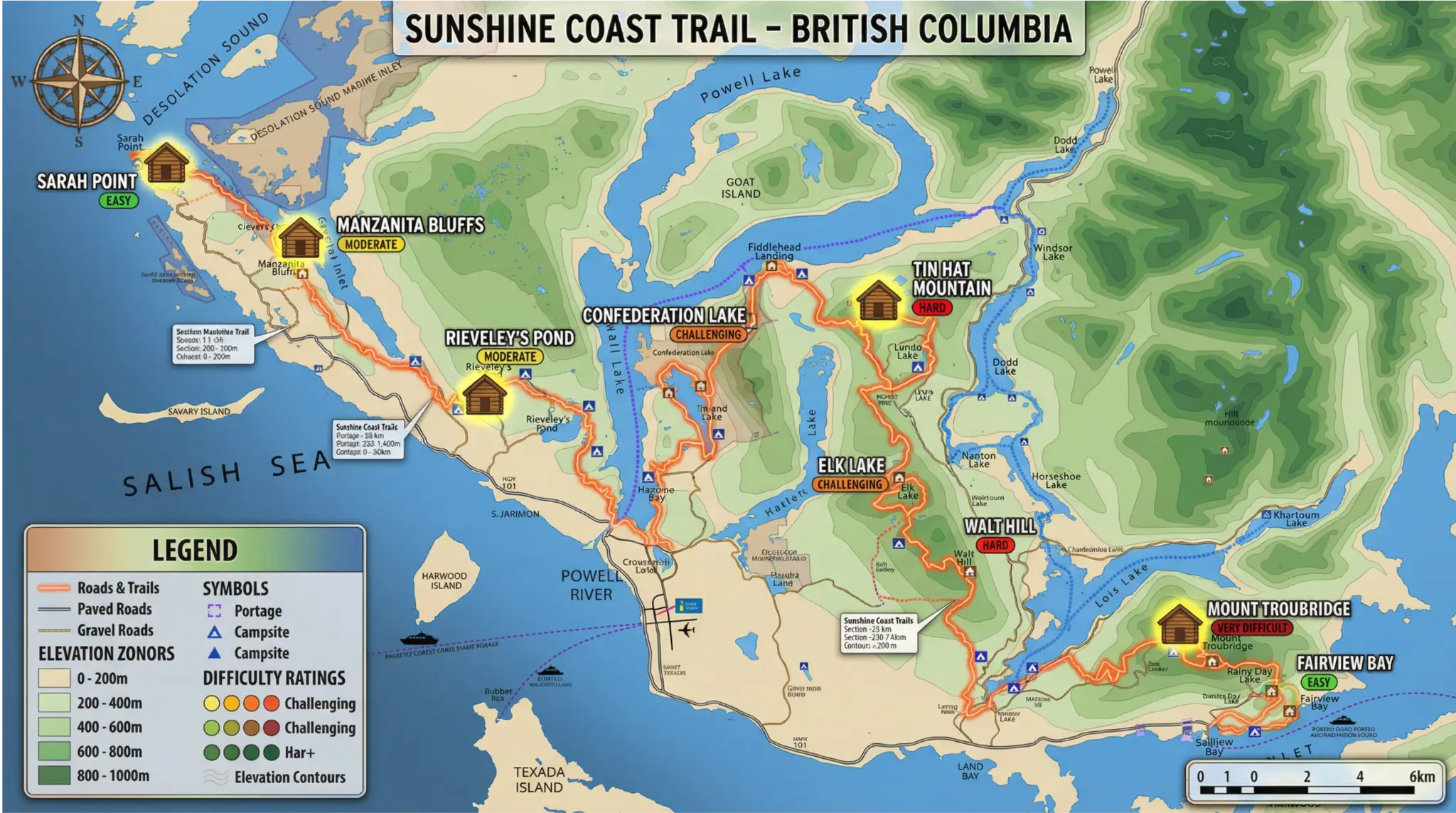 Sunshine Coast Trail Overview Map - 180km route showing all huts, difficulty ratings, and elevation zones