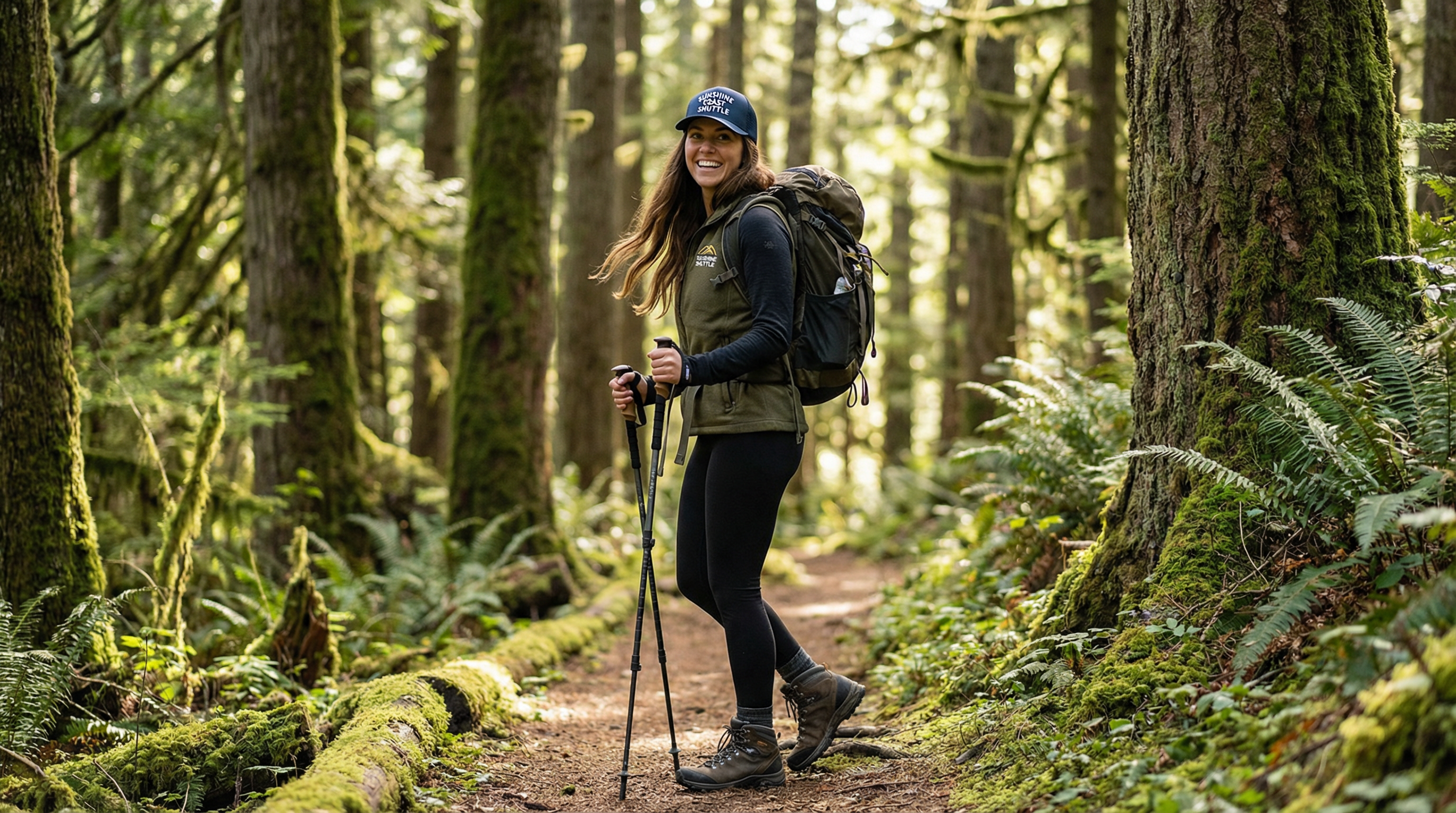 Hiker wearing Sunshine Coast Shuttle branded gear